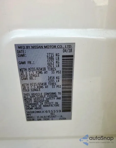 2018 Nissan Pathfinder S z USA, uszkodzony, nr VIN 5N1DR2MNXJC655559